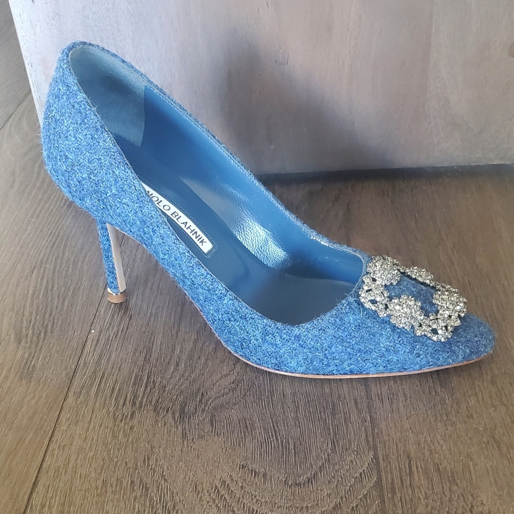 👑 9X HOST PICK 👑 Manolo Blahnik Hangisi 90 mm Pumps Blue Tweed - Picture 3 of 10